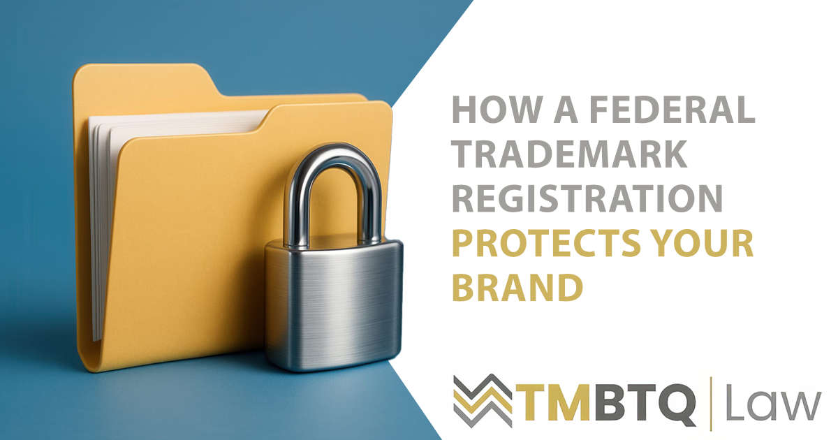 Secure data folder with a padlock symbol on a blue background representing information protection and privacy, featuring TMBTQ Law and illustrating how a federal trademark registration protects your brand and intellectual property.