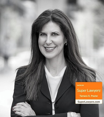 Black-and-white portrait of Tamara Pester with arms crossed beside a Super Lawyers badge