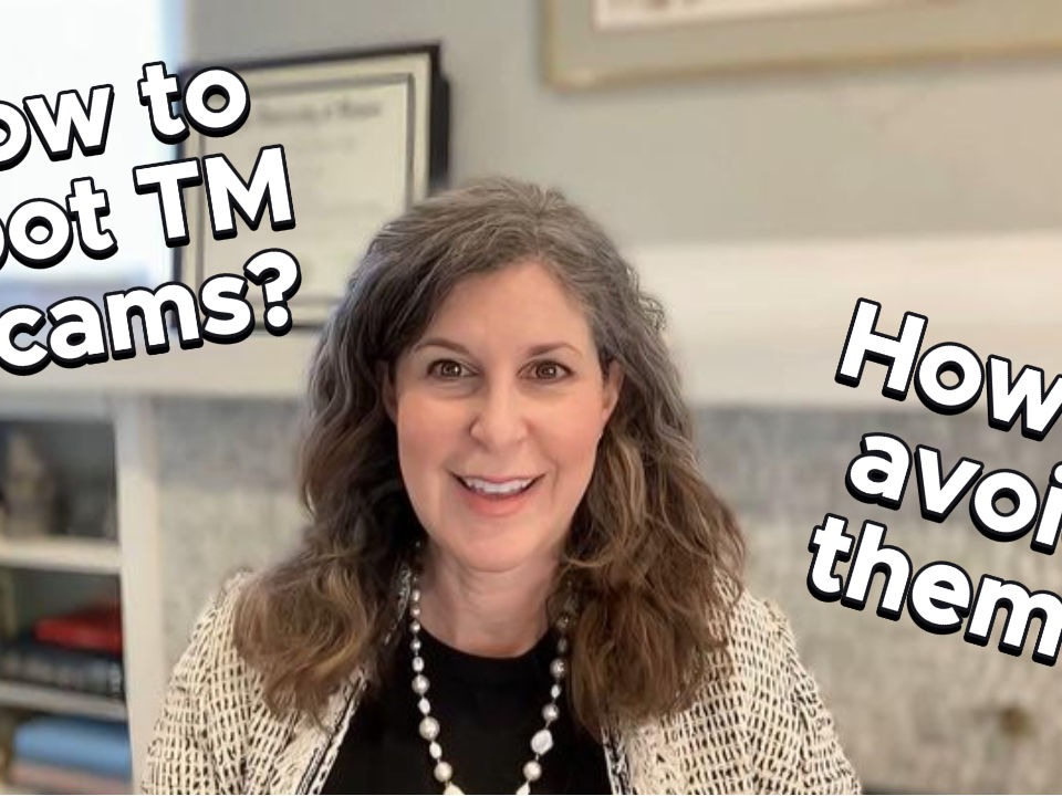 Image illustrating how to avoid trademark scams, featuring TMBTQ Law and highlighting their website services.