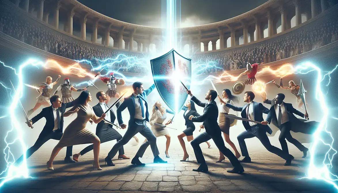 Illustration of suited figures battling around a glowing shield in an arena