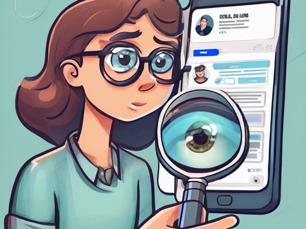 Cartoon woman with a magnifying glass inspecting a social media profile on a phone