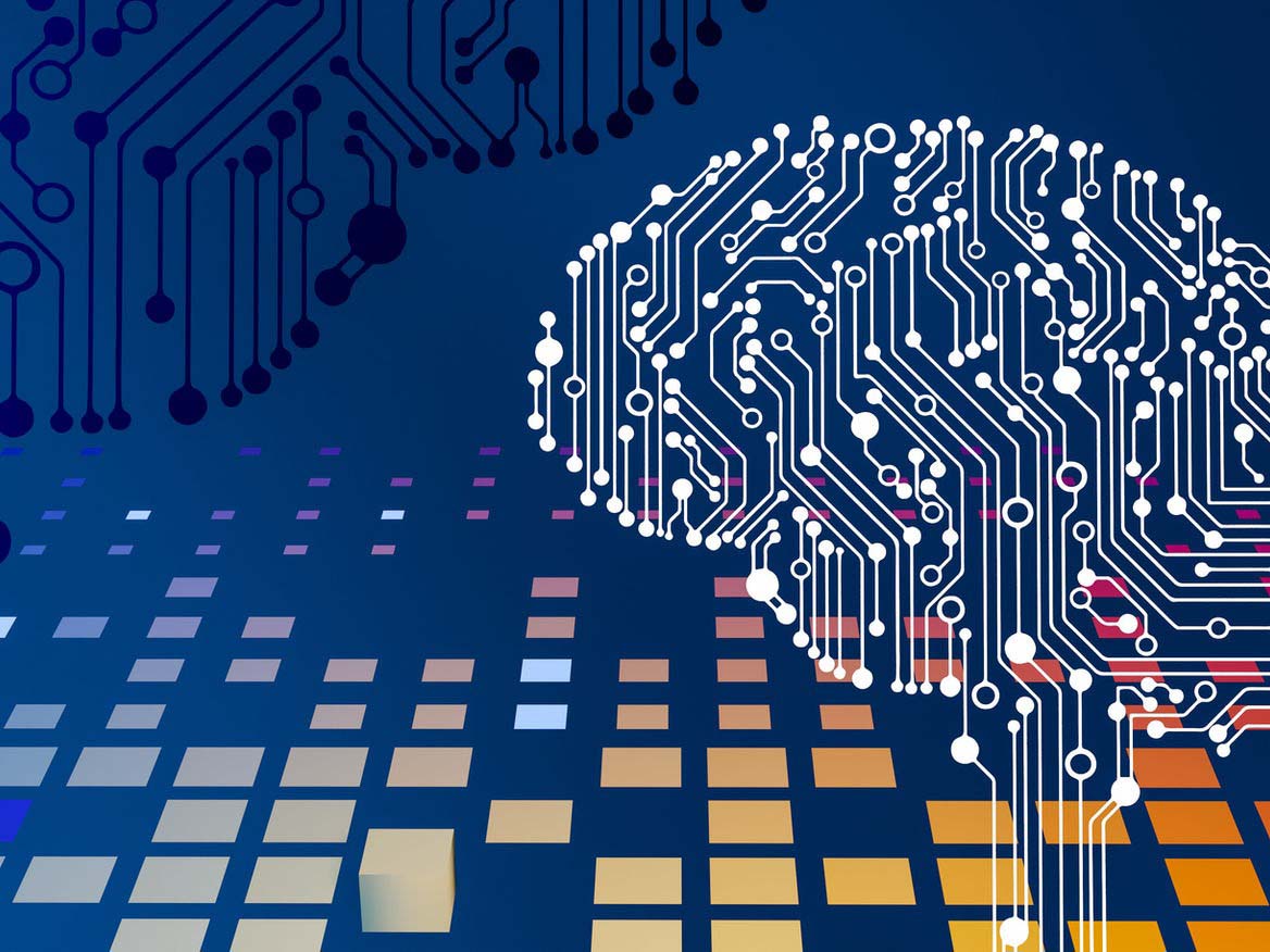 Illustration of a human brain made of circuit lines on a blue digital background