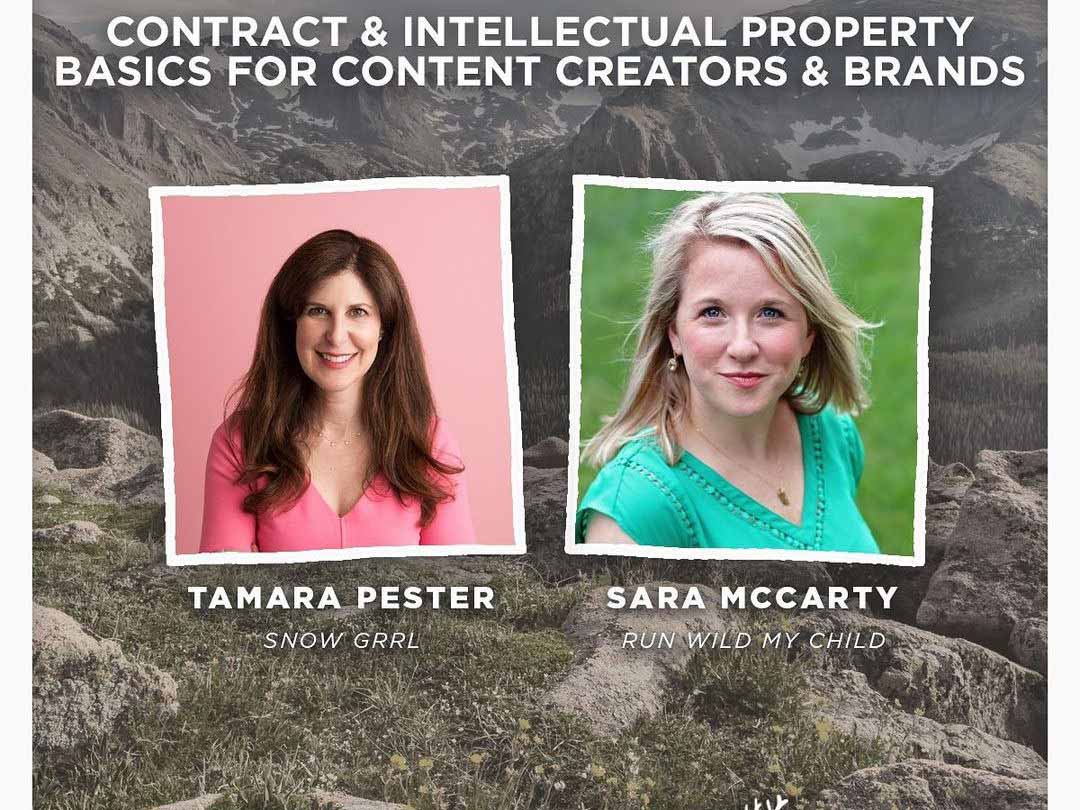 Graphic: Contract & Intellectual Property Basics for Content Creators & Brands, with photos of Tamara Pester and Sara McCarty
