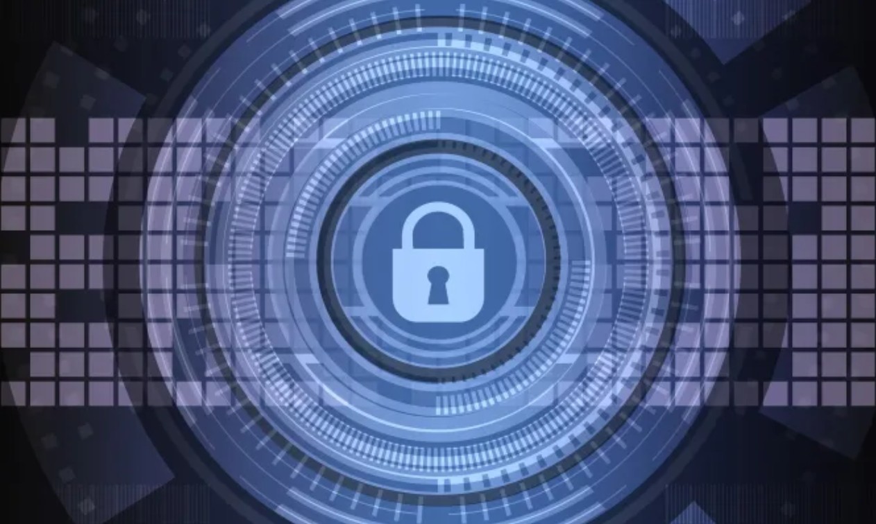 Glowing padlock icon at the center of a blue digital circuit pattern
