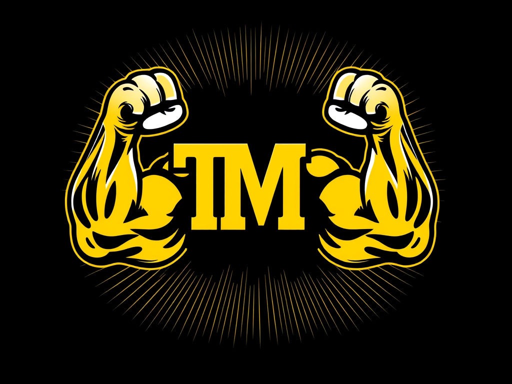 Gold TM letters with flexing muscular arms on a black background
