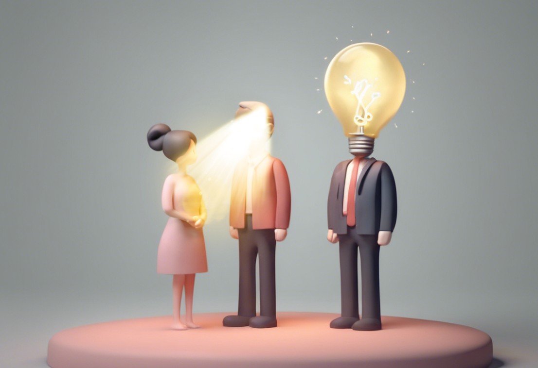 3D figures of two people looking at a man whose head is a glowing light bulb