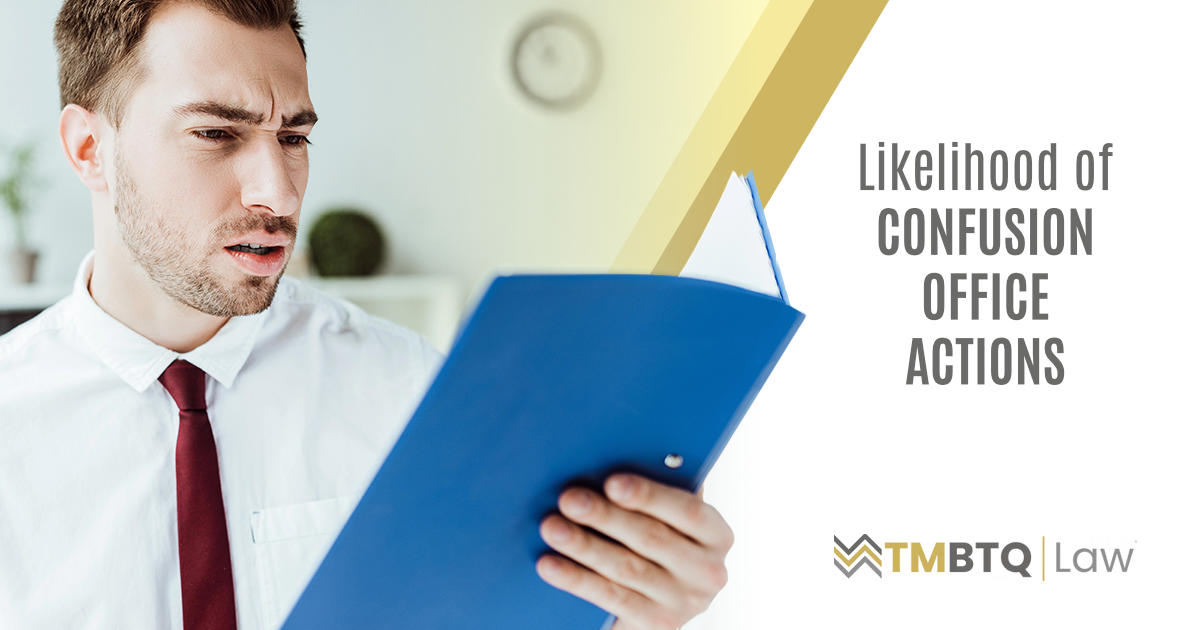 Banner: Likelihood of Confusion Office Actions, with a frowning man reading a blue folder