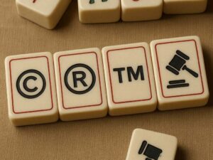 Mahjong-style tiles printed with copyright, registered trademark, TM and gavel symbols