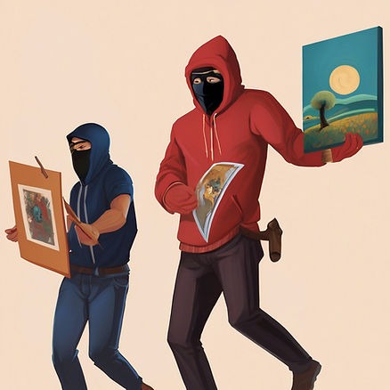 Illustration of two masked thieves running off with framed paintings