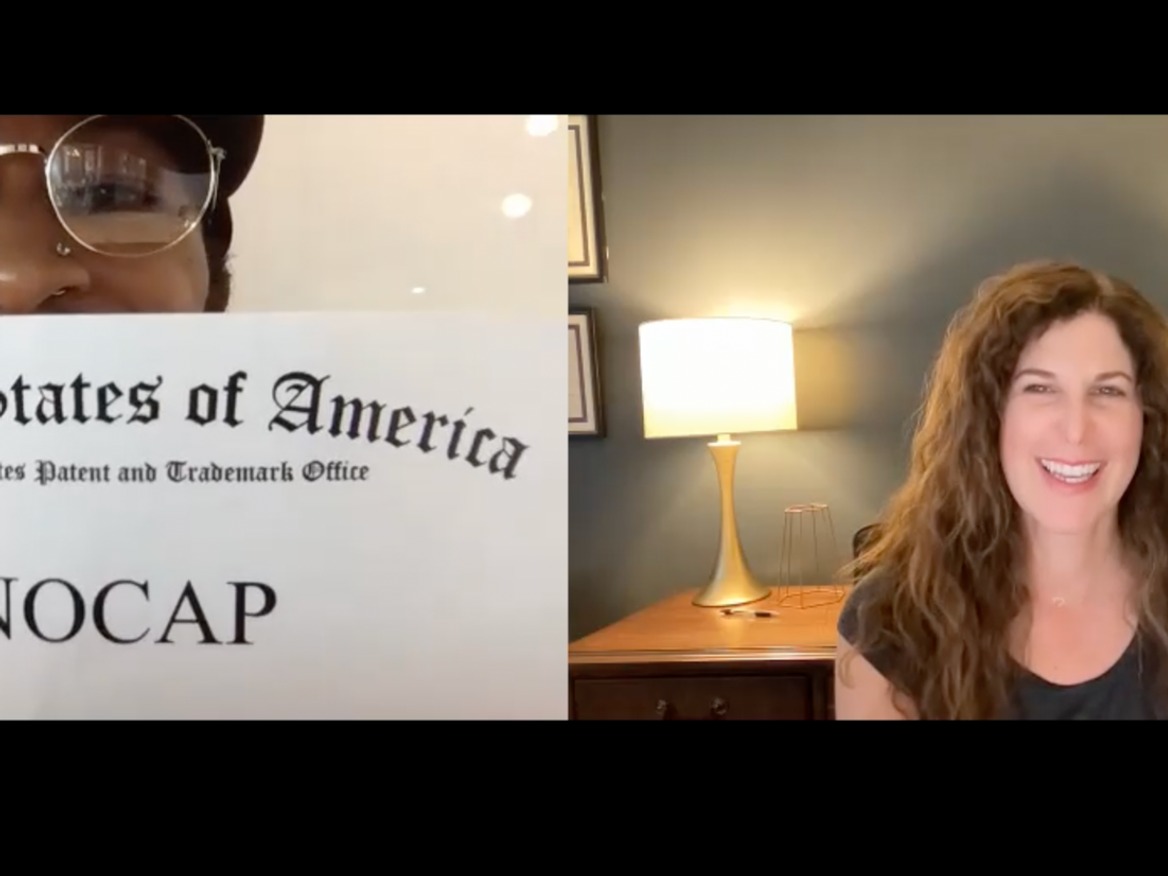 Video call: a client holds up a NOCAP trademark registration certificate while Tamara Pester smiles