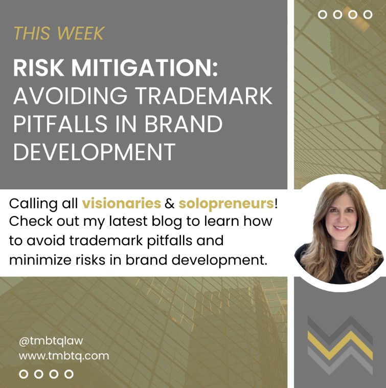 Risk mitigation and avoiding trademark issues, featuring TMBTQ Law, highlighting their website services.