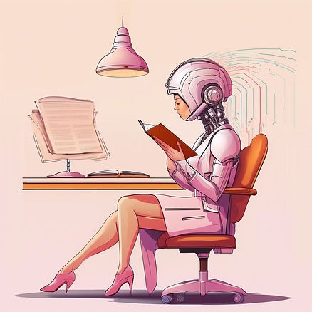 Robot Reading a Book at a Desk Illustration of a humanoid robot reading a book at a desk under a hanging lamp