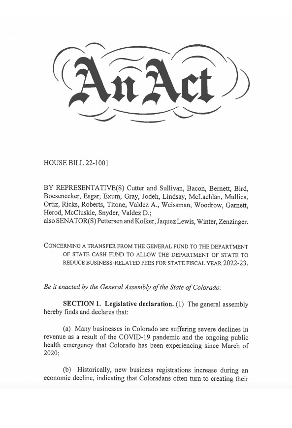 First page of a state house bill titled An Act, concerning business filing fees