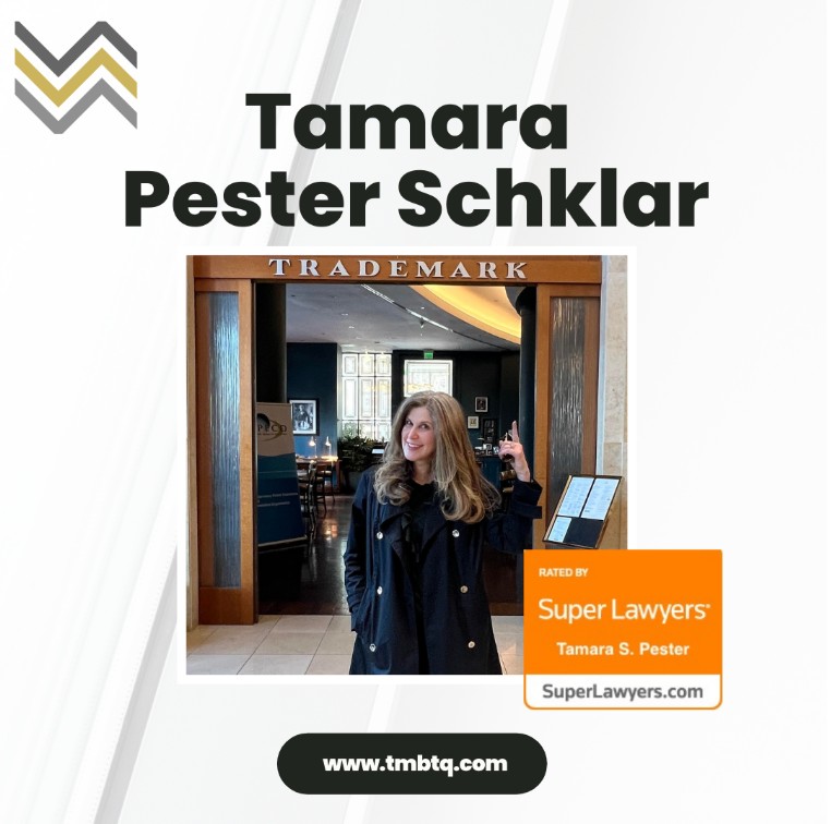 Tamara Pester Schklar standing in an office doorway beside a Super Lawyers rating badge
