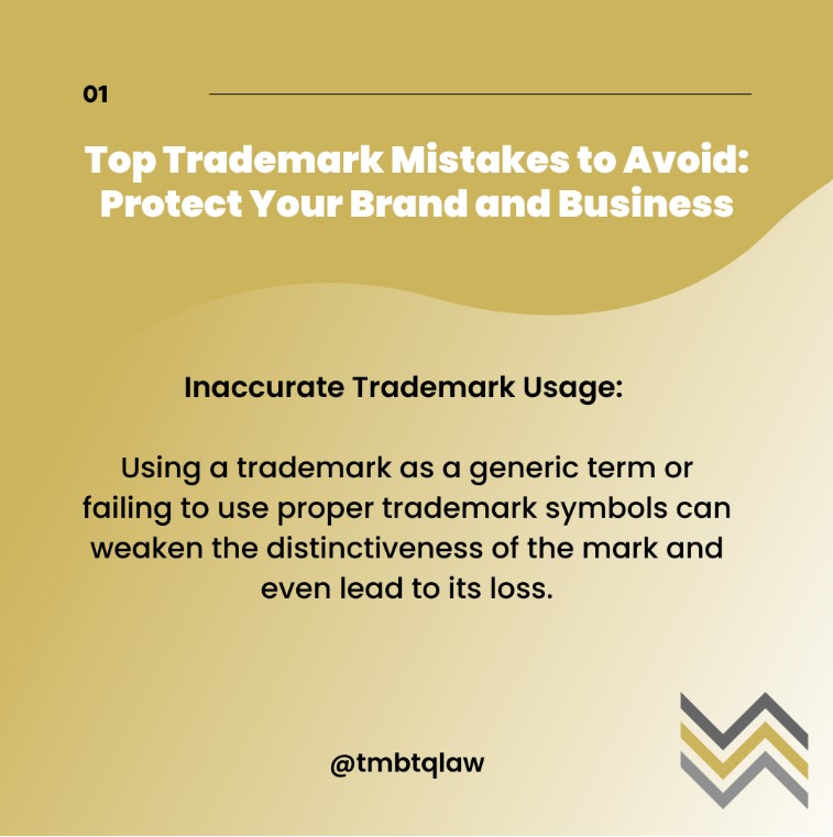 Image for 'Top Trademark Mistakes to Avoid' article, featuring TMBTQ Law and highlighting their website services, illustrating common trademark errors to avoid.